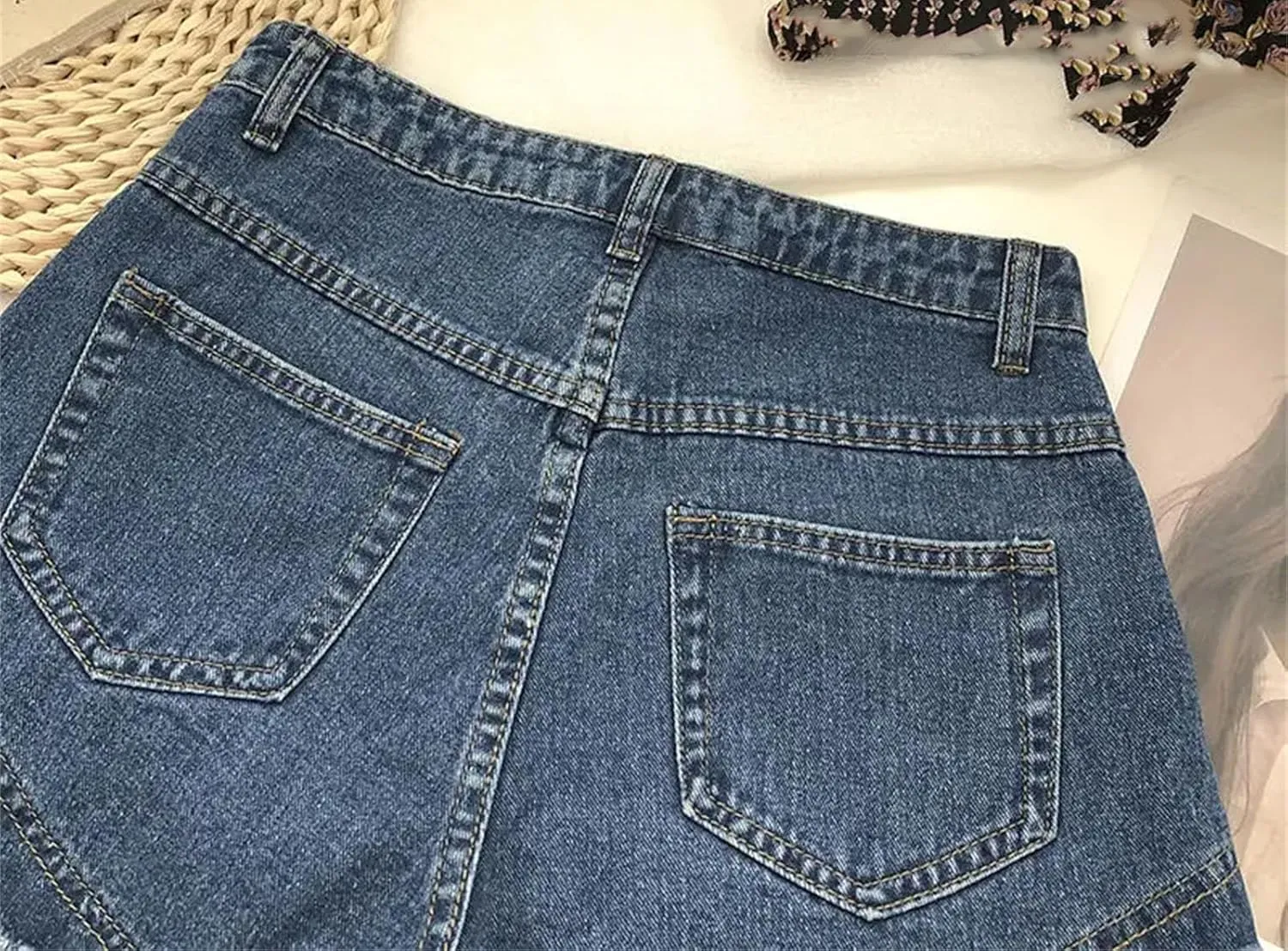 Women's High Waist Tassel Denim Shorts Ruffled Fringe Perforated Hot Pants