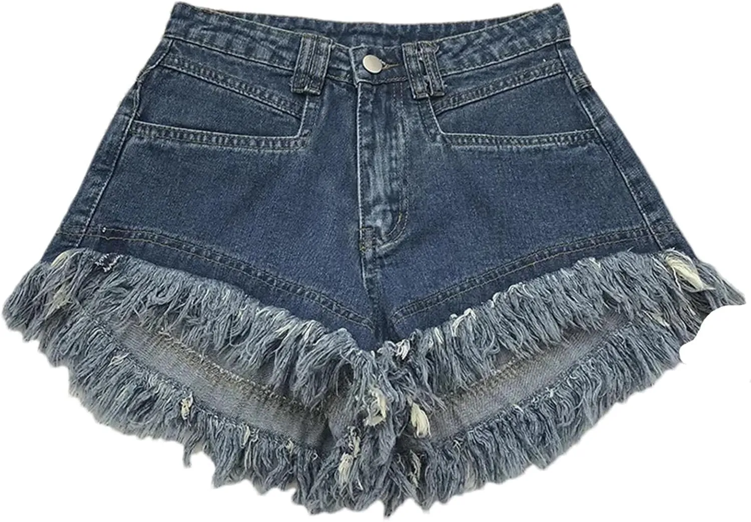Women's High Waist Tassel Denim Shorts Ruffled Fringe Perforated Hot Pants
