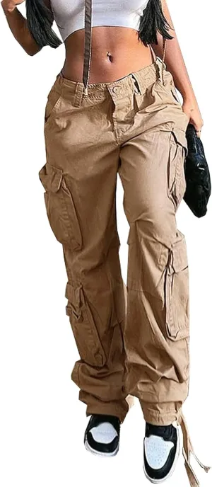 Womens High Waisted Black Cargo Pants with Pockets Baggy Solid Y2k Streetwear Pants