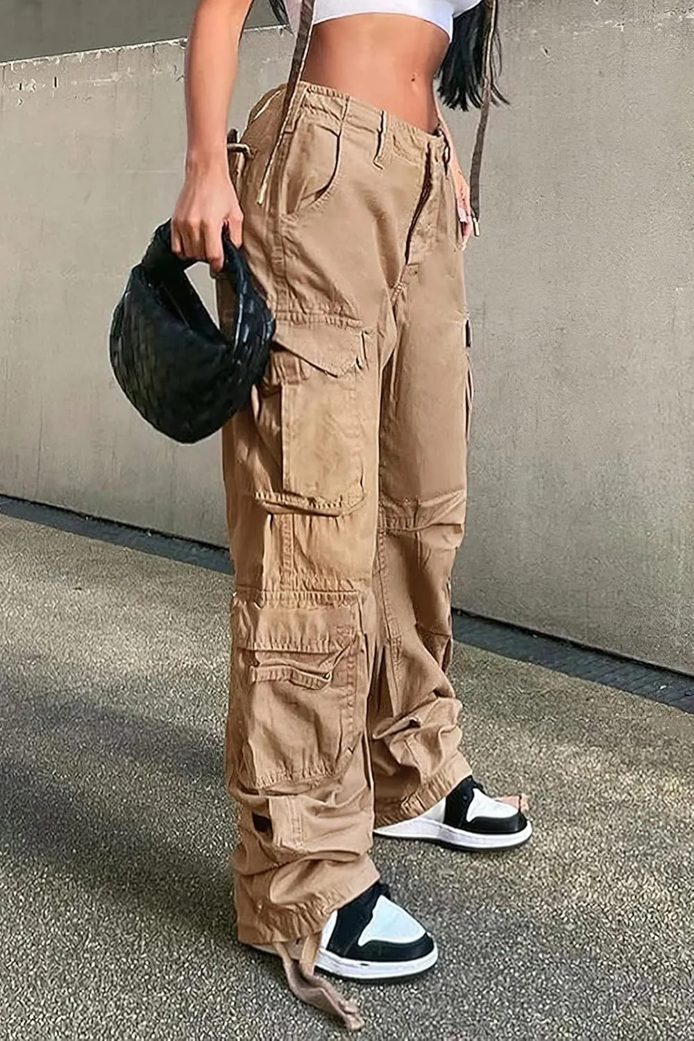 Womens High Waisted Black Cargo Pants with Pockets Baggy Solid Y2k Streetwear Pants