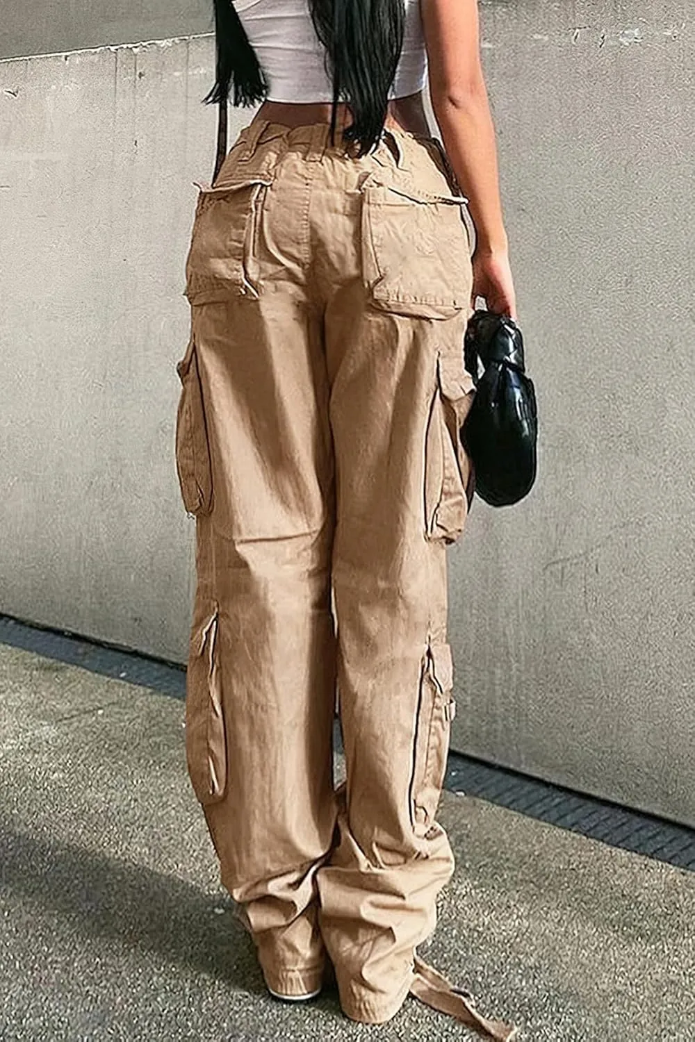 Womens High Waisted Black Cargo Pants with Pockets Baggy Solid Y2k Streetwear Pants