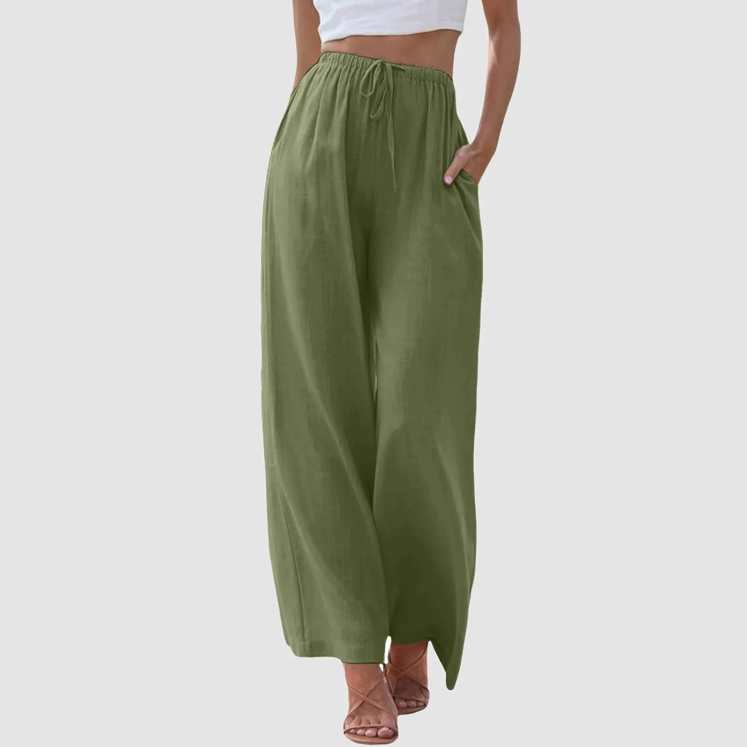 Women's High Waisted Wide Leg Pants with Elastic Waistband Loose Fit Lightweight Drawstring Yoga Pants for Women