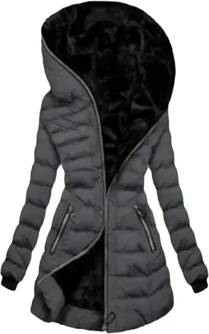Women's Hooded Long Sleeve Cotton-Padded Fleece-Lined Winter Jacket Medium-Length Zip-Up Coat Warm
