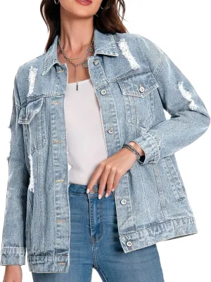 Women's Jean Jacket Denim Distressed Oversized Ripped Long Boyfriend Jacket Fall Soft Shacket Trucker Coat