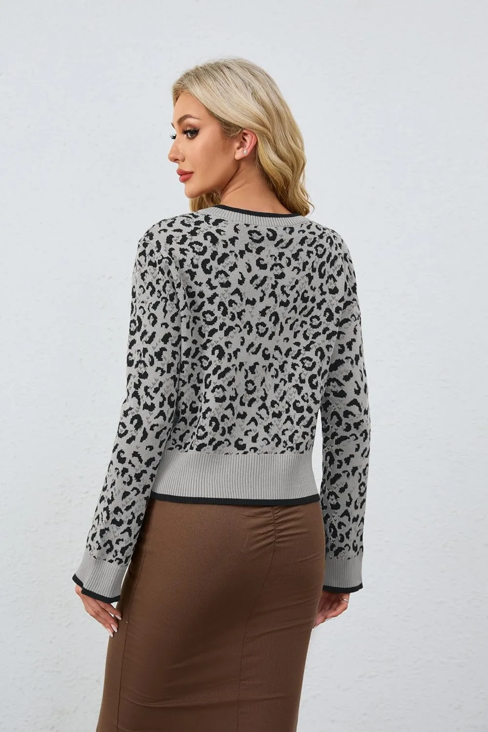 Womens Leopard Print Cardigan Sweater Bow Tie Front Cheetah Cardigans Long Sleeve Crewneck Tie Open Front Sweater Top