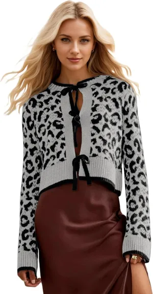 Womens Leopard Print Cardigan Sweater Bow Tie Front Cheetah Cardigans Long Sleeve Crewneck Tie Open Front Sweater Top