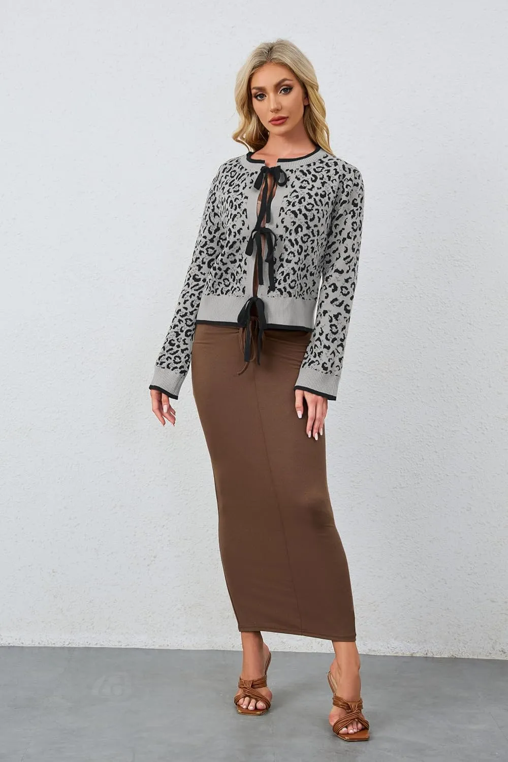 Womens Leopard Print Cardigan Sweater Bow Tie Front Cheetah Cardigans Long Sleeve Crewneck Tie Open Front Sweater Top