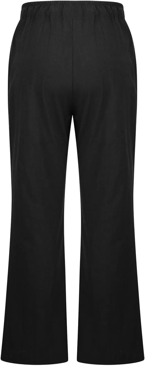 Womens Linen Blend High Waisted Pants Elastic Waist with Drawstring and Pockets,Casual Flared Lounge Trousers