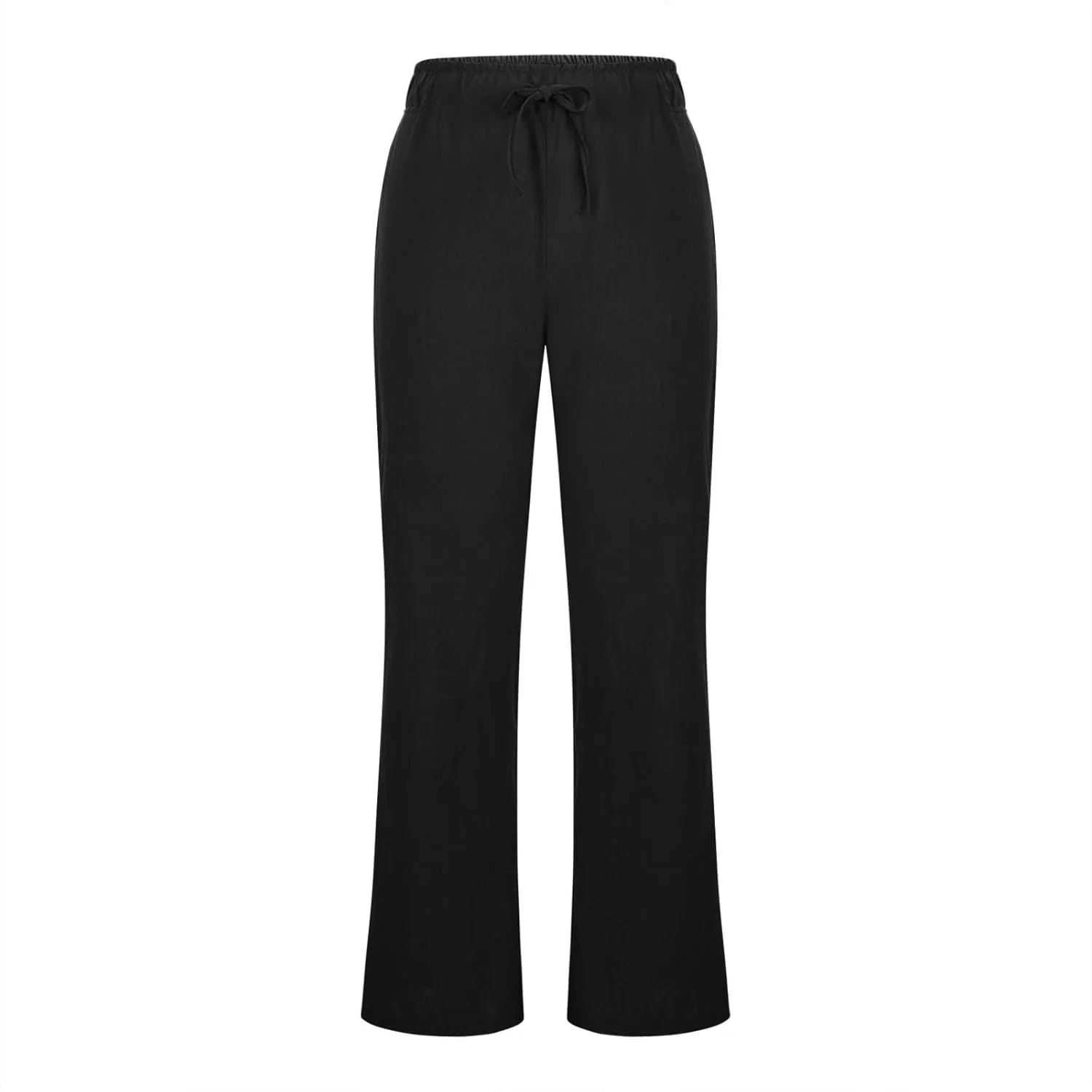 Womens Linen Blend High Waisted Pants Elastic Waist with Drawstring and Pockets,Casual Flared Lounge Trousers
