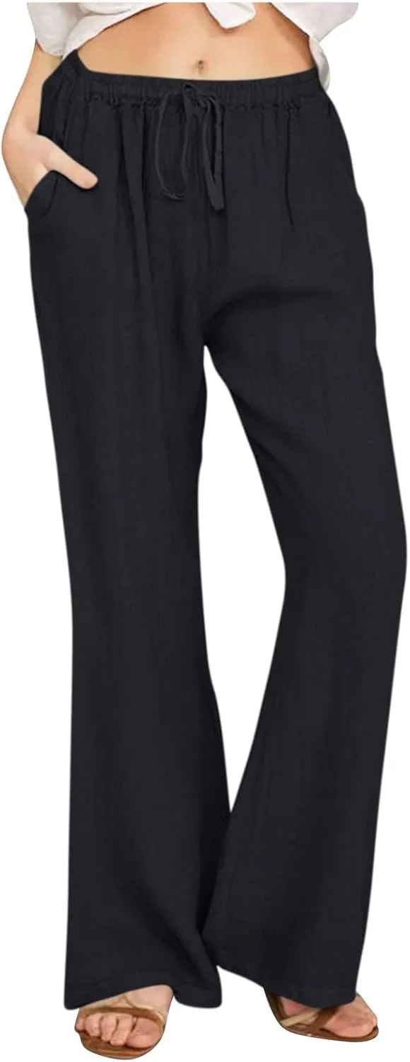 Womens Linen Blend High Waisted Pants Elastic Waist with Drawstring and Pockets,Casual Flared Lounge Trousers