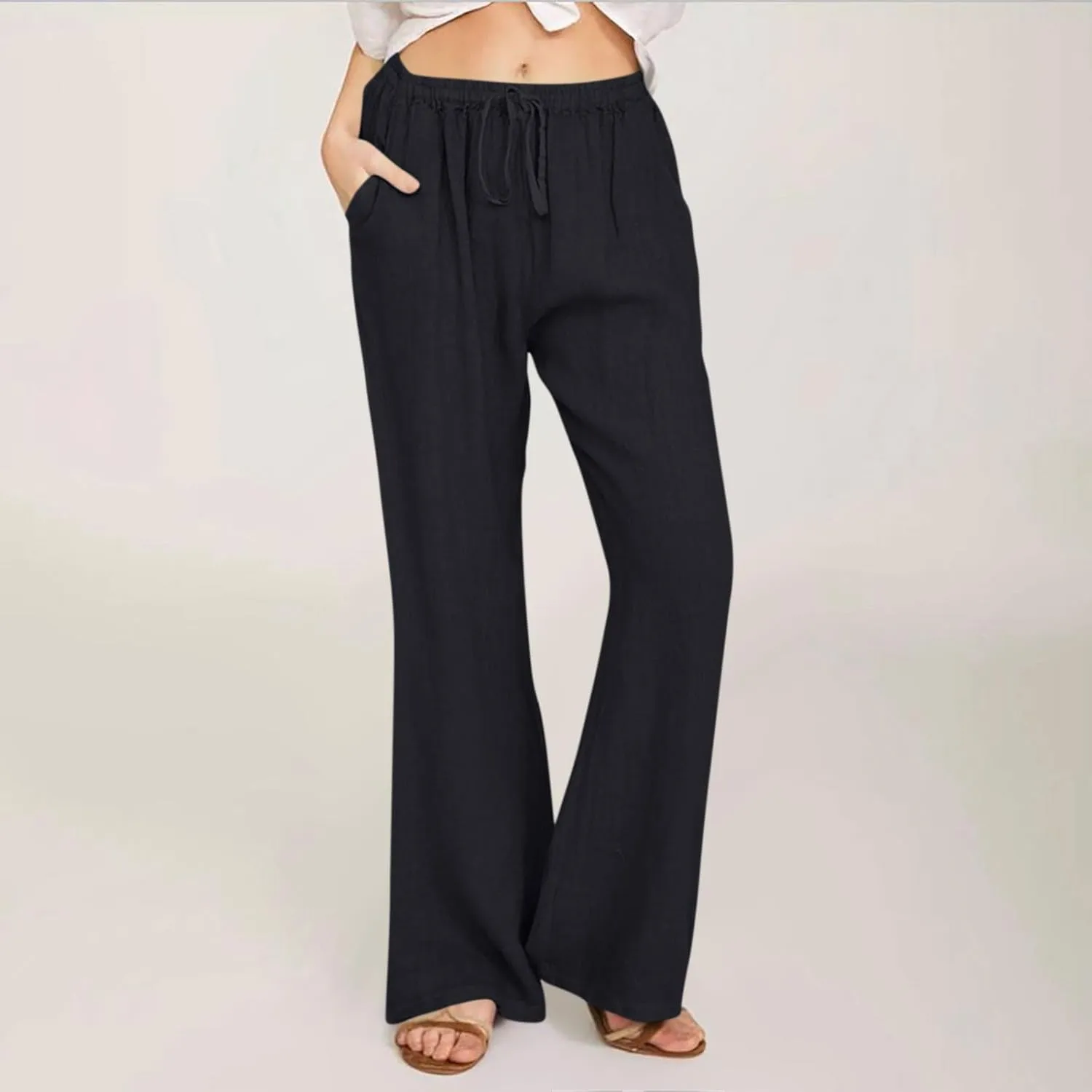 Womens Linen Blend High Waisted Pants Elastic Waist with Drawstring and Pockets,Casual Flared Lounge Trousers