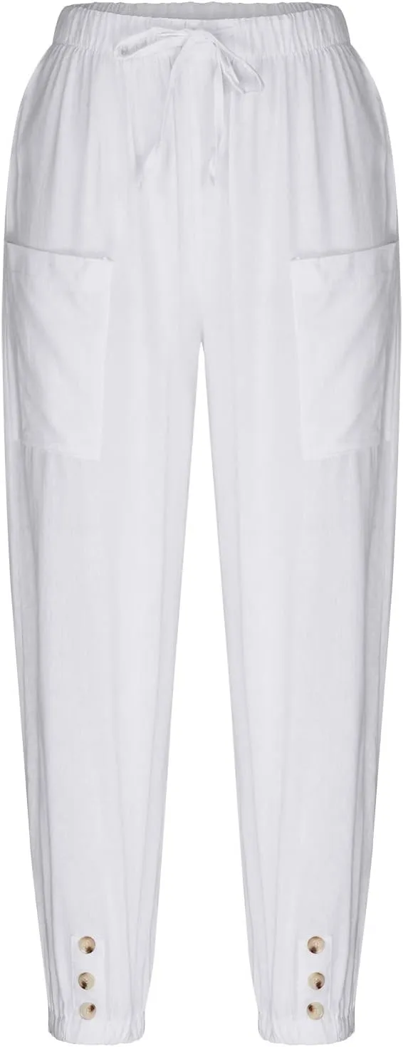 Women's Linen Blend Summer Fashion Pants Elastic Waisted Lounge Pants Slim-Fit Pants Trendy
