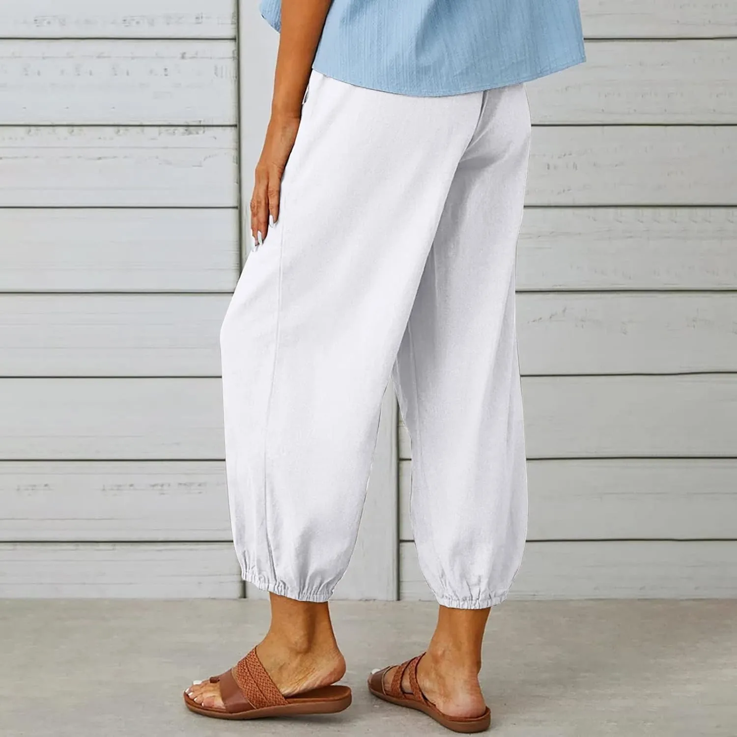Women's Linen Blend Summer Fashion Pants Elastic Waisted Lounge Pants Slim-Fit Pants Trendy