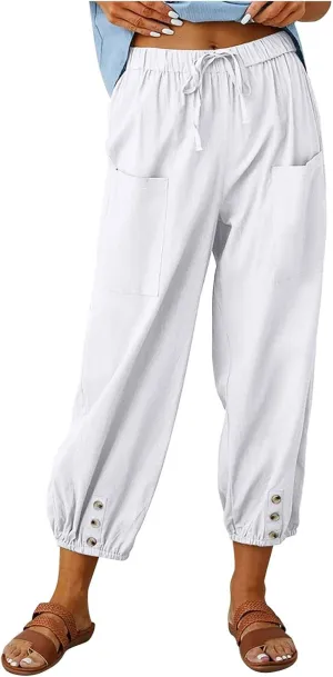 Women's Linen Blend Summer Fashion Pants Elastic Waisted Lounge Pants Slim-Fit Pants Trendy