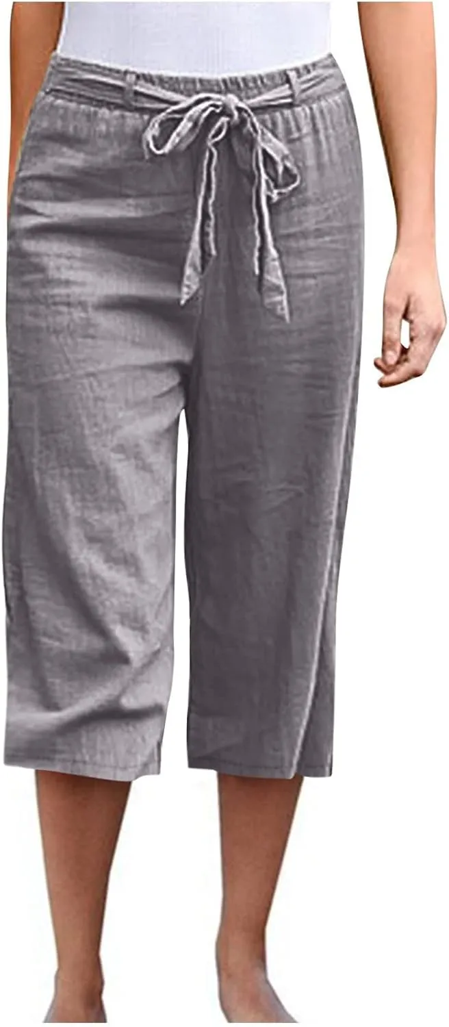 Women's Linen Blend Summer Floral Palazzo Pants Elastic Waisted Bootcut Plus Size Palazzo Lounge Pants Trendy