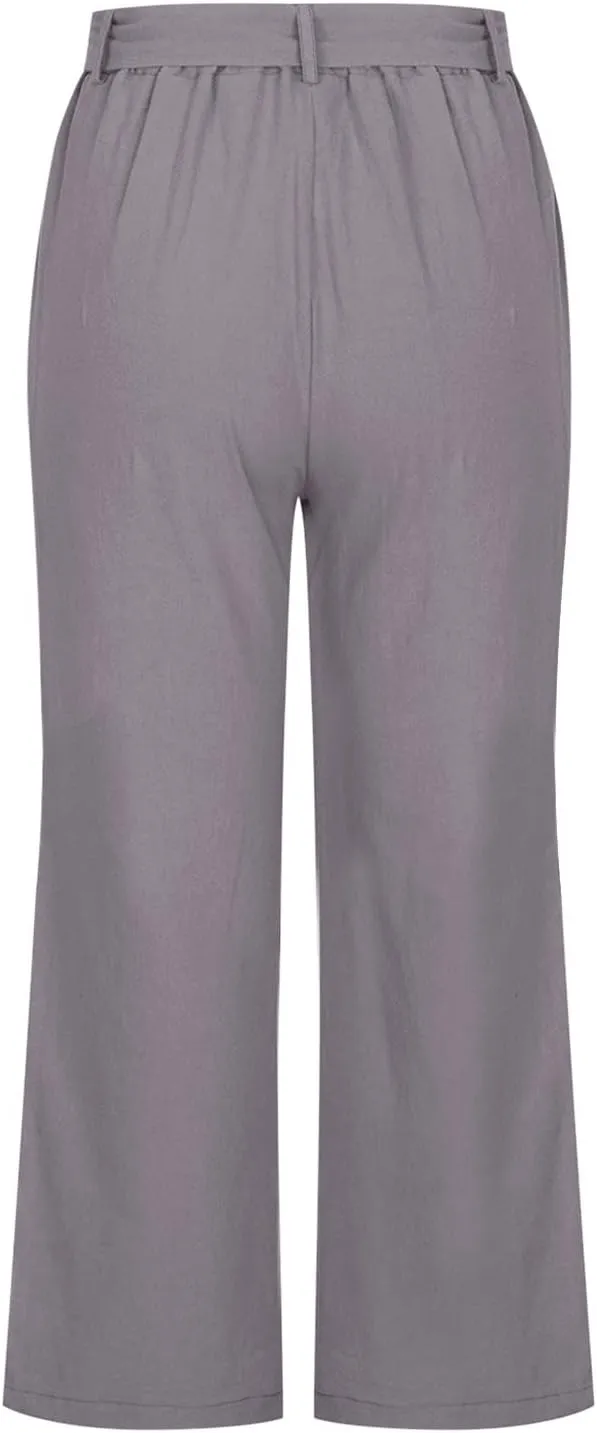 Women's Linen Blend Summer Floral Palazzo Pants Elastic Waisted Bootcut Plus Size Palazzo Lounge Pants Trendy
