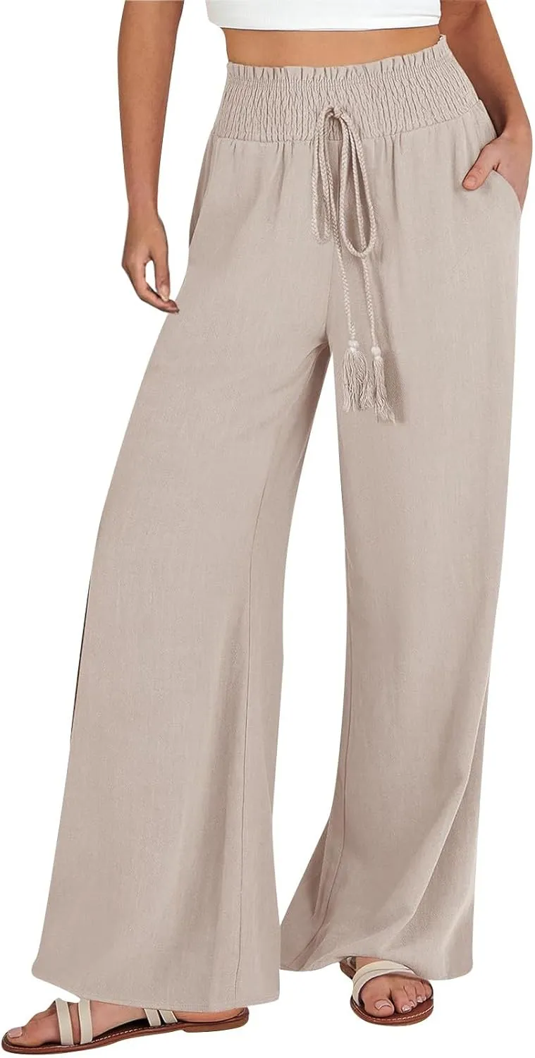 Women's Linen Blend Summer Floral Pants Low Waist Wide Leg Plus Size Pant Trousers Travel