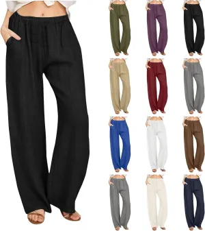 Women's Linen Palazzo Pants Plus Size Elastic High Waist Casual Beach Pant Flowy Summer Trendy Lightweight Trousers