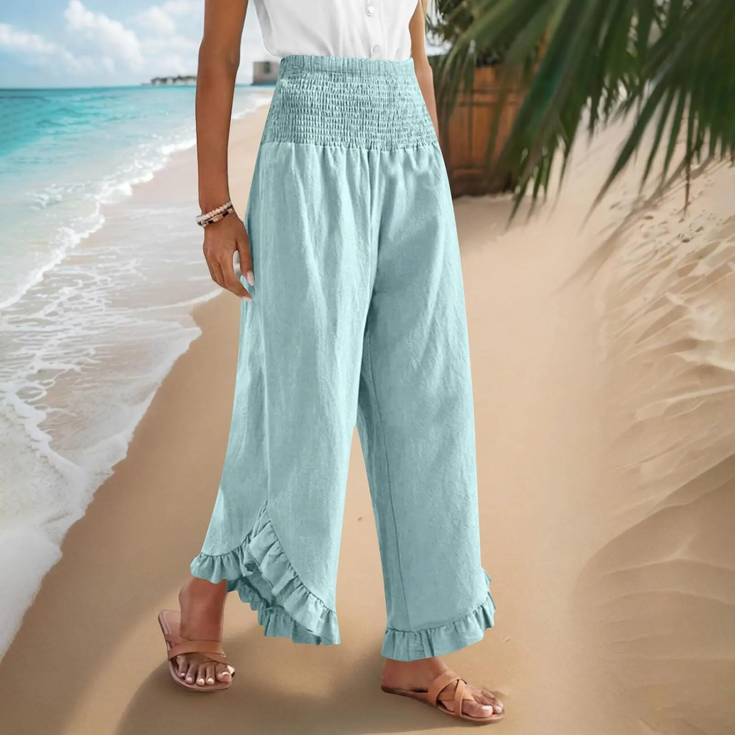 Womens Linen Pants Summer Wide Leg Pants Smocked Waist Ruffle Hem Palazzo Pant Flowy Beach Vacation Clothes with Pocket