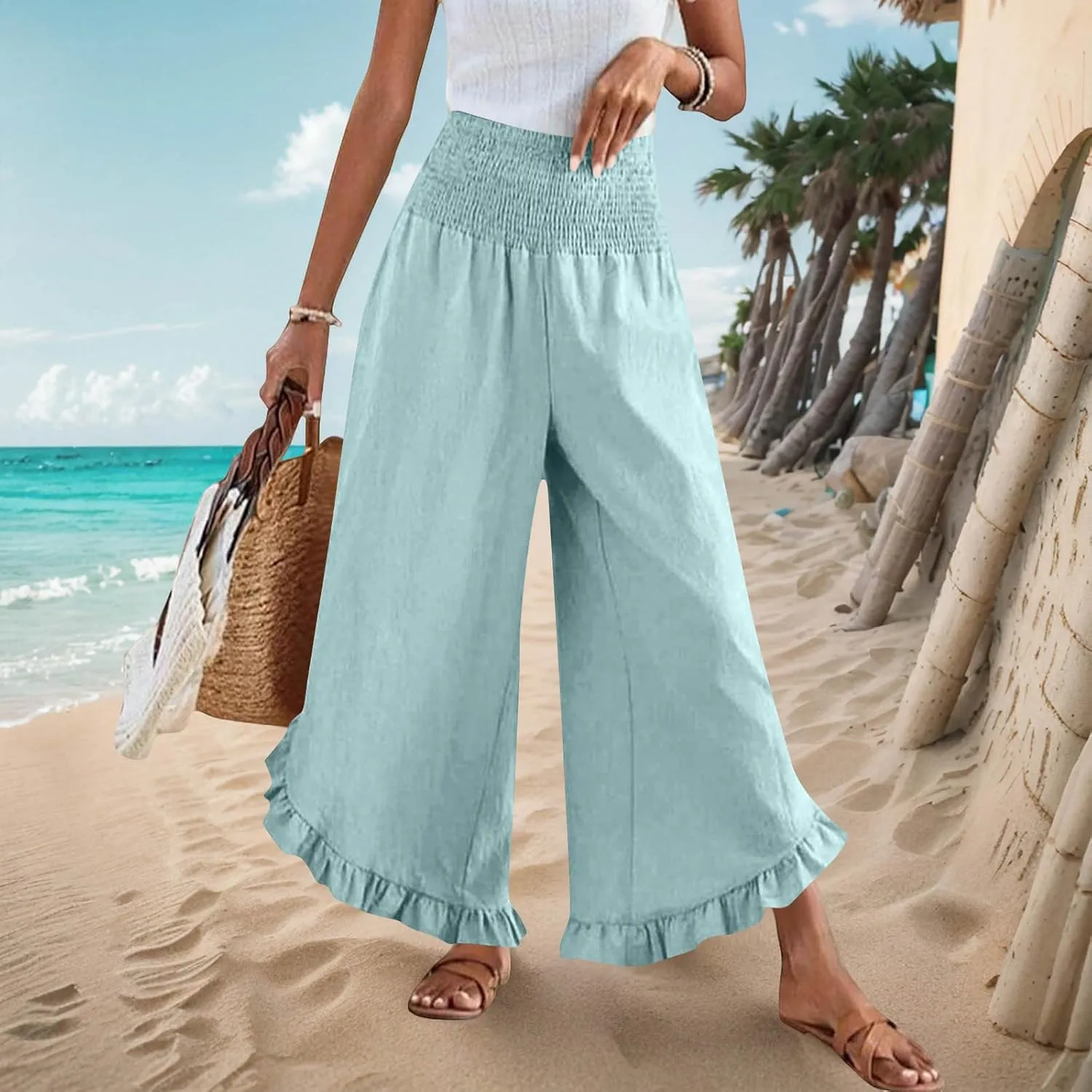 Womens Linen Pants Summer Wide Leg Pants Smocked Waist Ruffle Hem Palazzo Pant Flowy Beach Vacation Clothes with Pocket