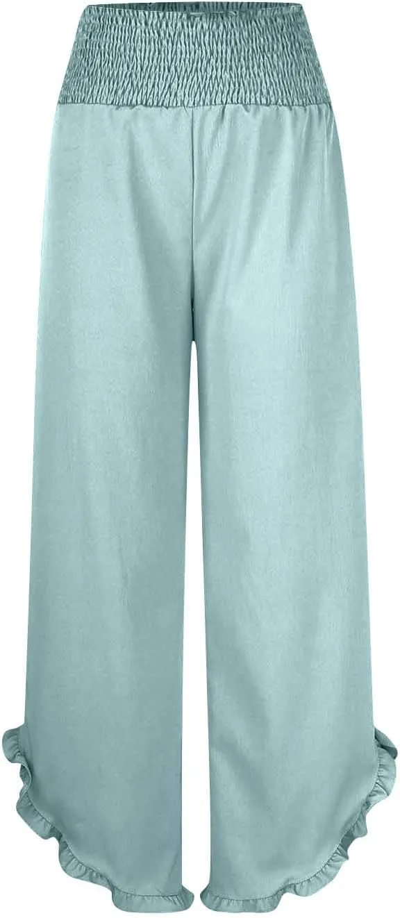 Womens Linen Pants Summer Wide Leg Pants Smocked Waist Ruffle Hem Palazzo Pant Flowy Beach Vacation Clothes with Pocket