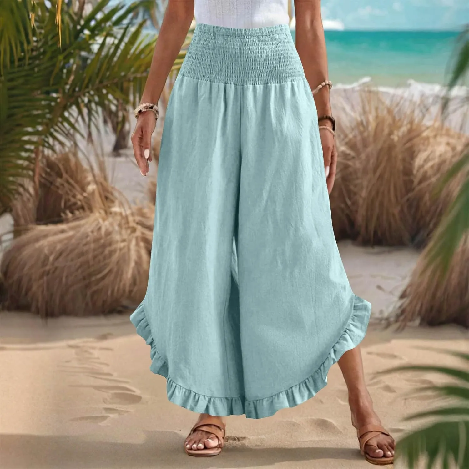 Womens Linen Pants Summer Wide Leg Pants Smocked Waist Ruffle Hem Palazzo Pant Flowy Beach Vacation Clothes with Pocket