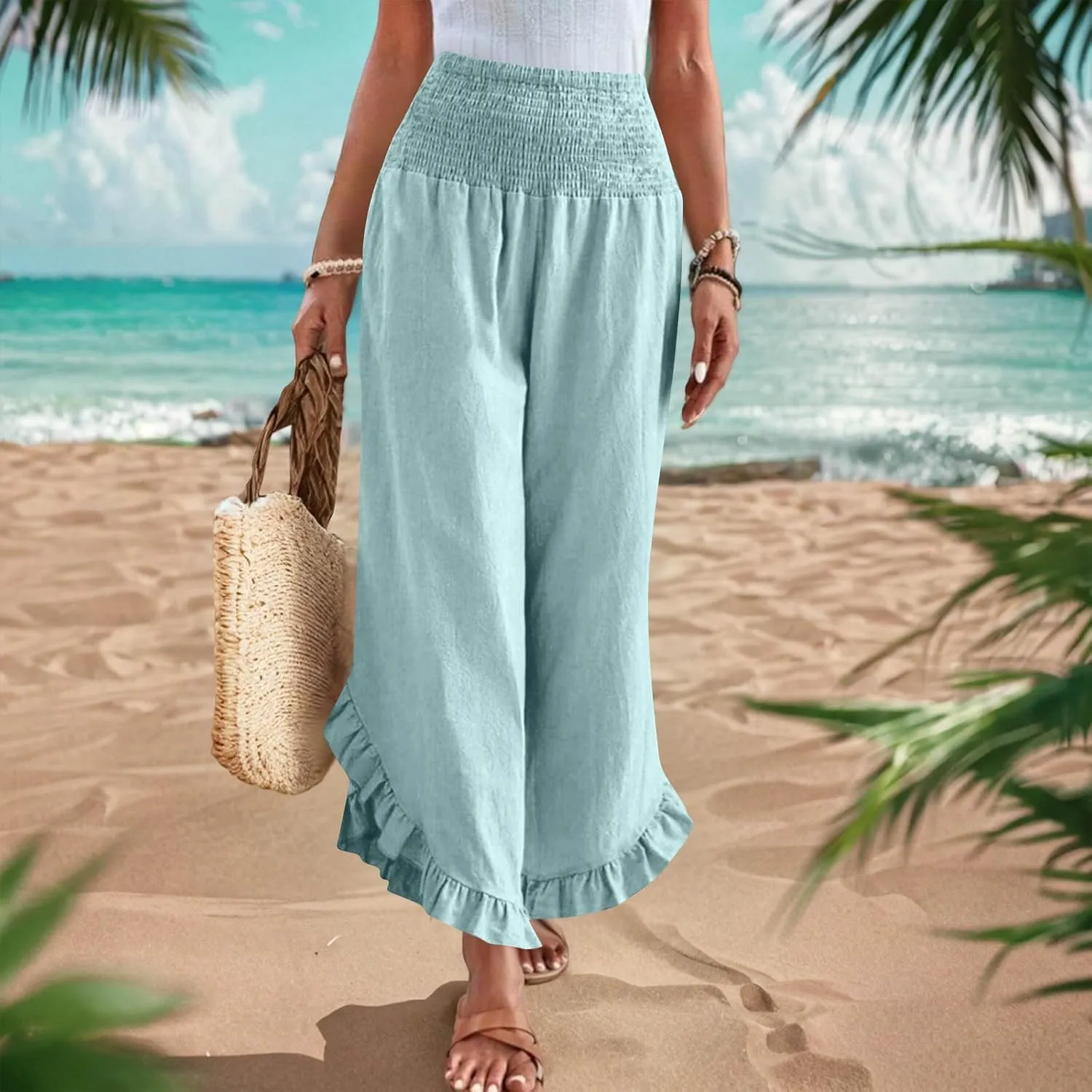 Womens Linen Pants Summer Wide Leg Pants Smocked Waist Ruffle Hem Palazzo Pant Flowy Beach Vacation Clothes with Pocket