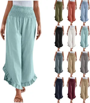 Womens Linen Pants Summer Wide Leg Pants Smocked Waist Ruffle Hem Palazzo Pant Flowy Beach Vacation Clothes with Pocket
