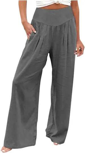 Womens Linen Summer Baggy Pants Low Waist Wide Leg Slim Fit Trousers Office