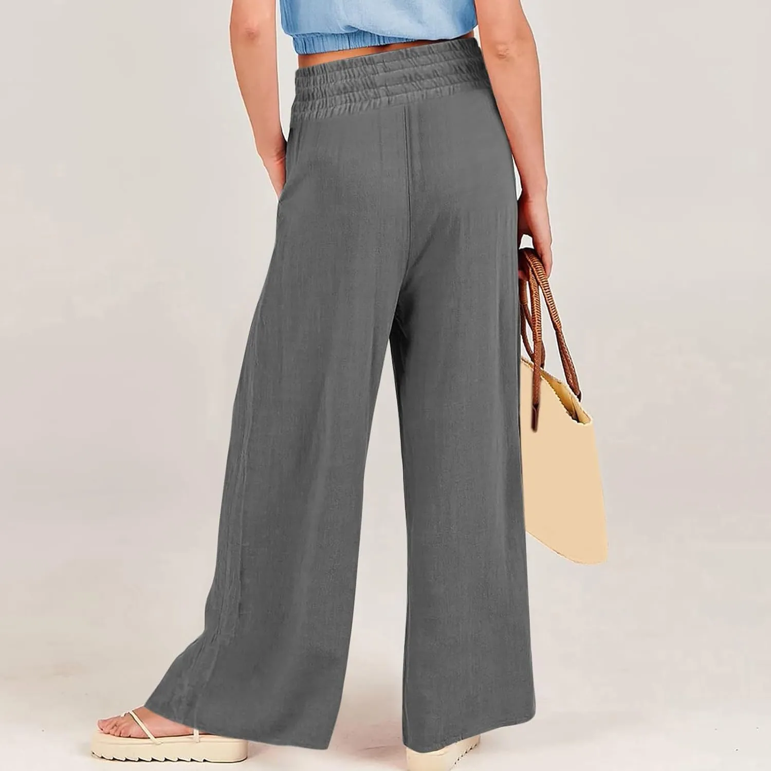 Womens Linen Summer Baggy Pants Low Waist Wide Leg Slim Fit Trousers Office