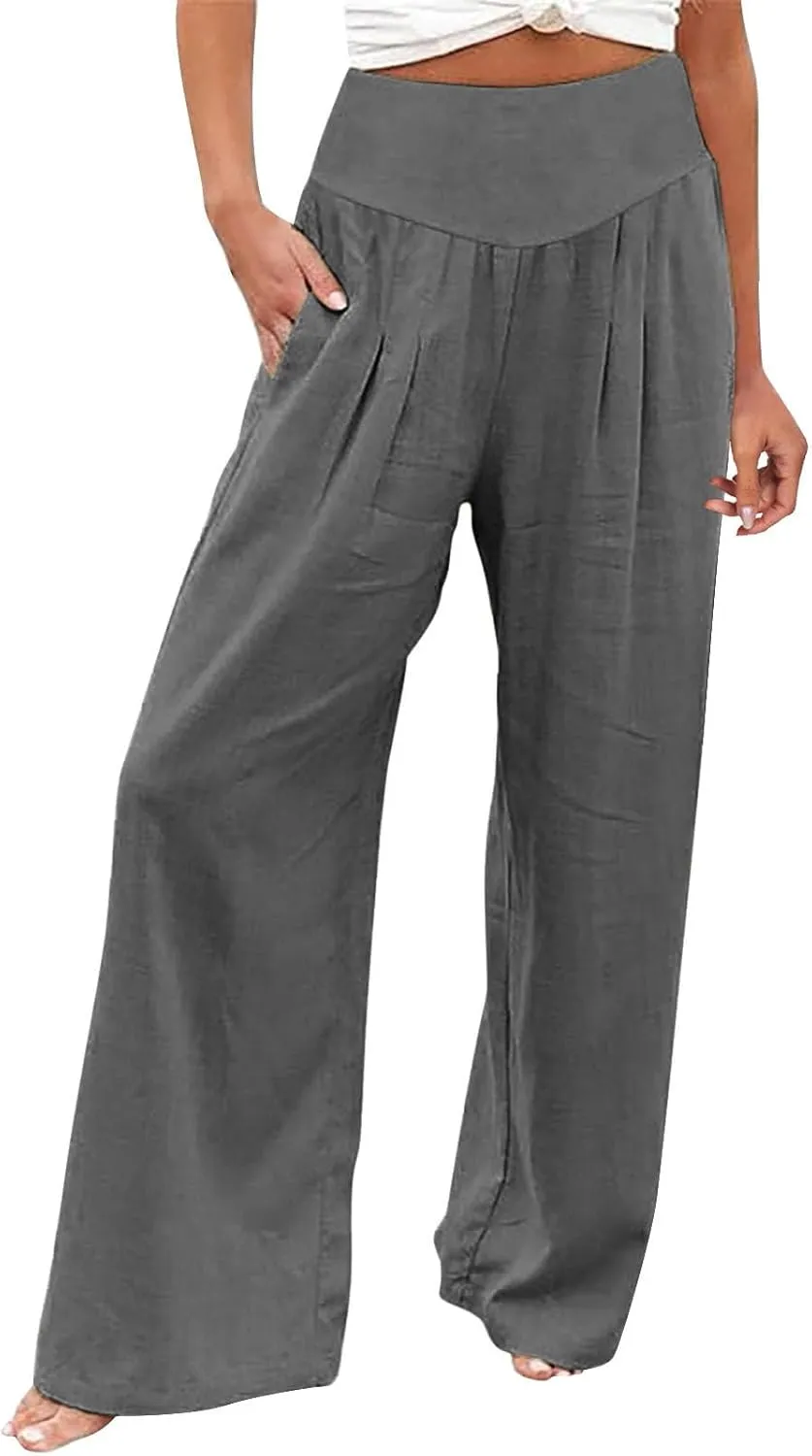 Womens Linen Summer Baggy Pants Low Waist Wide Leg Slim Fit Trousers Office