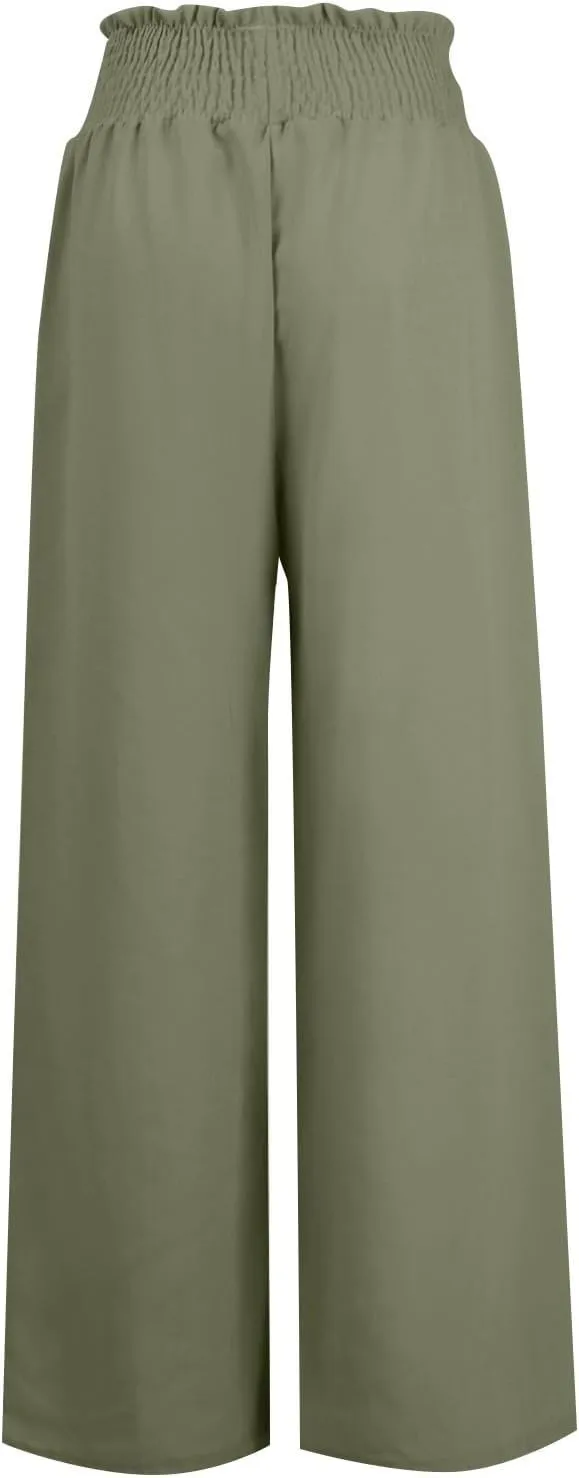 Women's Linen Summer Floral Pant Trousers High Waist Bootcut Loose Fit Palazzo Pants Office