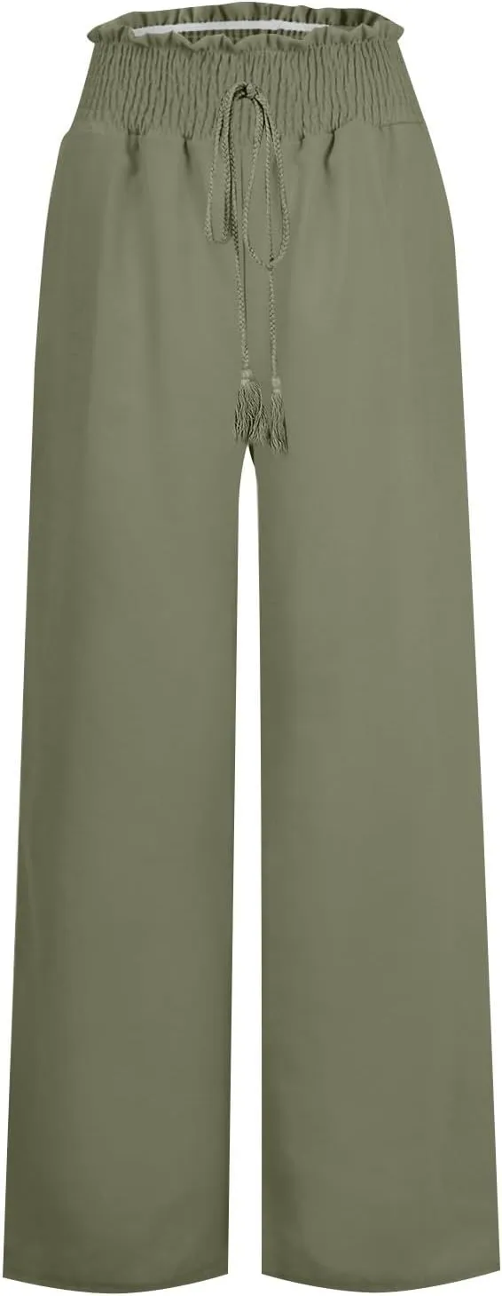 Women's Linen Summer Floral Pant Trousers High Waist Bootcut Loose Fit Palazzo Pants Office