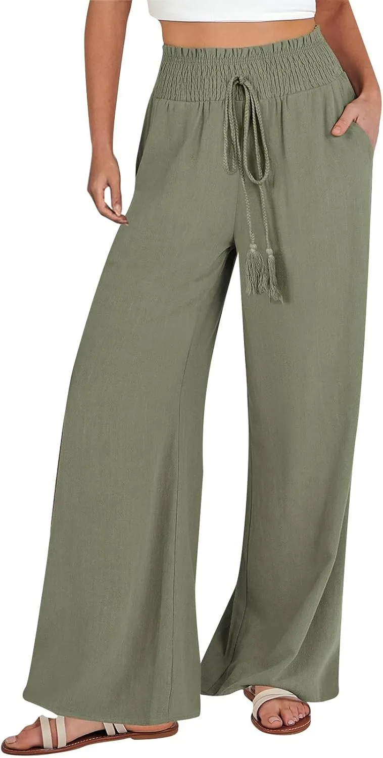 Women's Linen Summer Floral Pant Trousers High Waist Bootcut Loose Fit Palazzo Pants Office