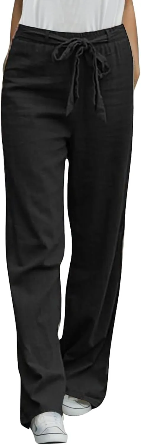 Women's Linen Summer Print Palazzo Pants Elastic Waist Lounge Pants Slim-Fit Trouser Trendy