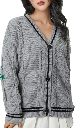 Women's Long Sleeve Cardigan V Neck Stars Button Down Oversized Open Front Sweaters Casual Cable Batwing Knitted Coat