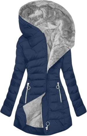 Women's Long Warm Thickened Winter Coat Offer Sherpa Lined Down Jacket Winter Cotton Padded Jacket Waterproof Fleece Coats Outdoor Women's Jacket(Navy,Large)