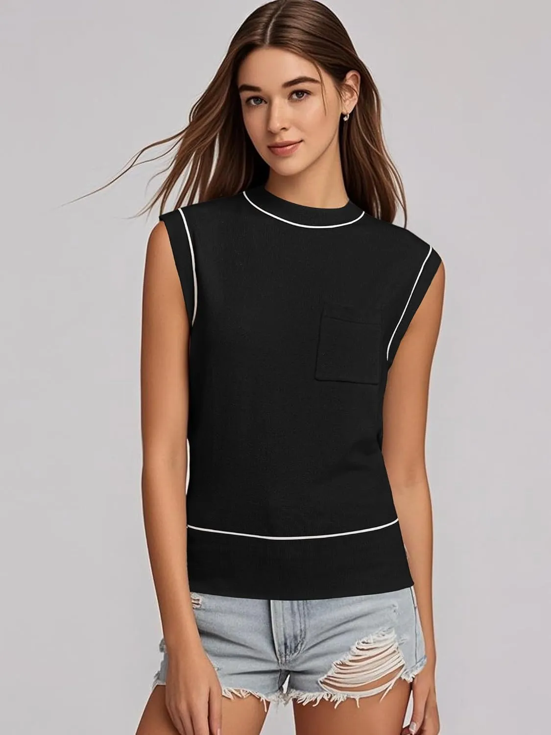 Women's Mock Neck Sleeveless Sweater Vest Casual Cap Sleeve Knit Pullover Tank Tops 2025 Summer Outfits