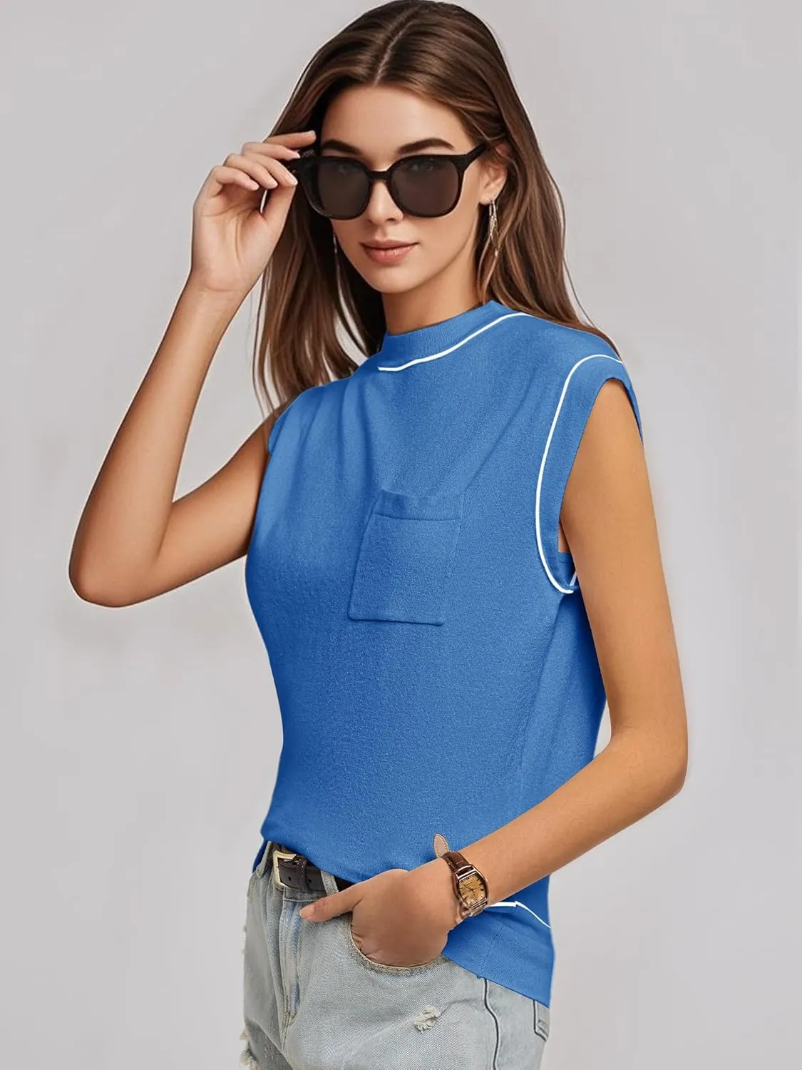 Women's Mock Neck Sleeveless Sweater Vest Casual Cap Sleeve Knit Pullover Tank Tops 2025 Summer Outfits