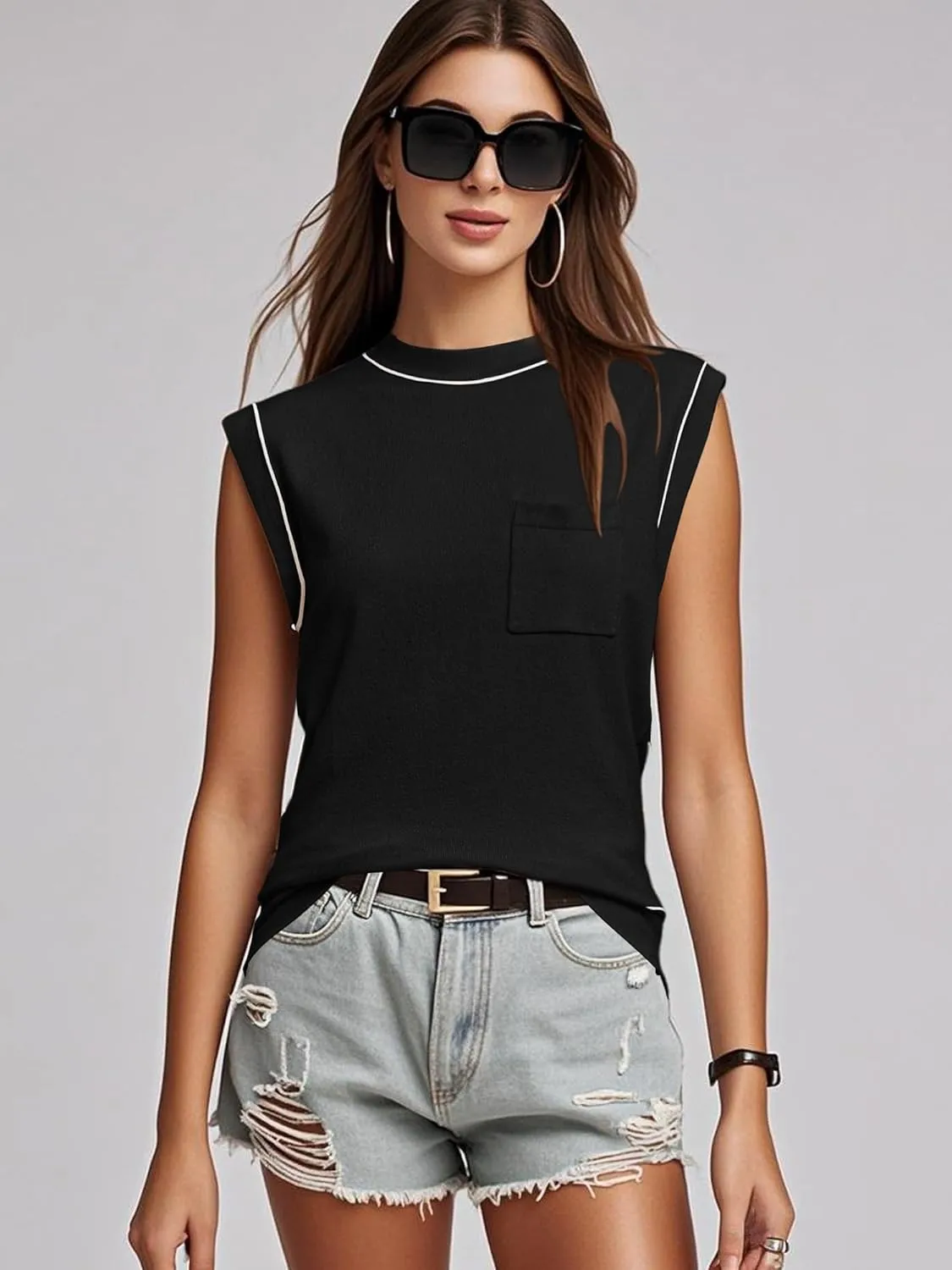Women's Mock Neck Sleeveless Sweater Vest Casual Cap Sleeve Knit Pullover Tank Tops 2025 Summer Outfits