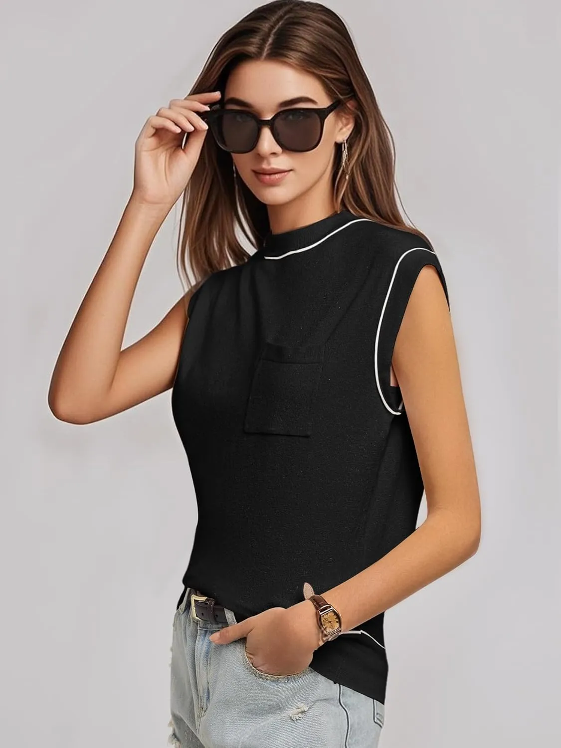 Women's Mock Neck Sleeveless Sweater Vest Casual Cap Sleeve Knit Pullover Tank Tops 2025 Summer Outfits