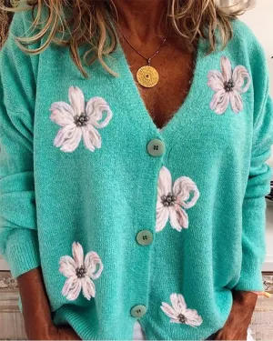 Women's Oversized Cute Daisy Flower Cardigan Sweater Aesthetic Button Down Open Front Knitted Sweaters