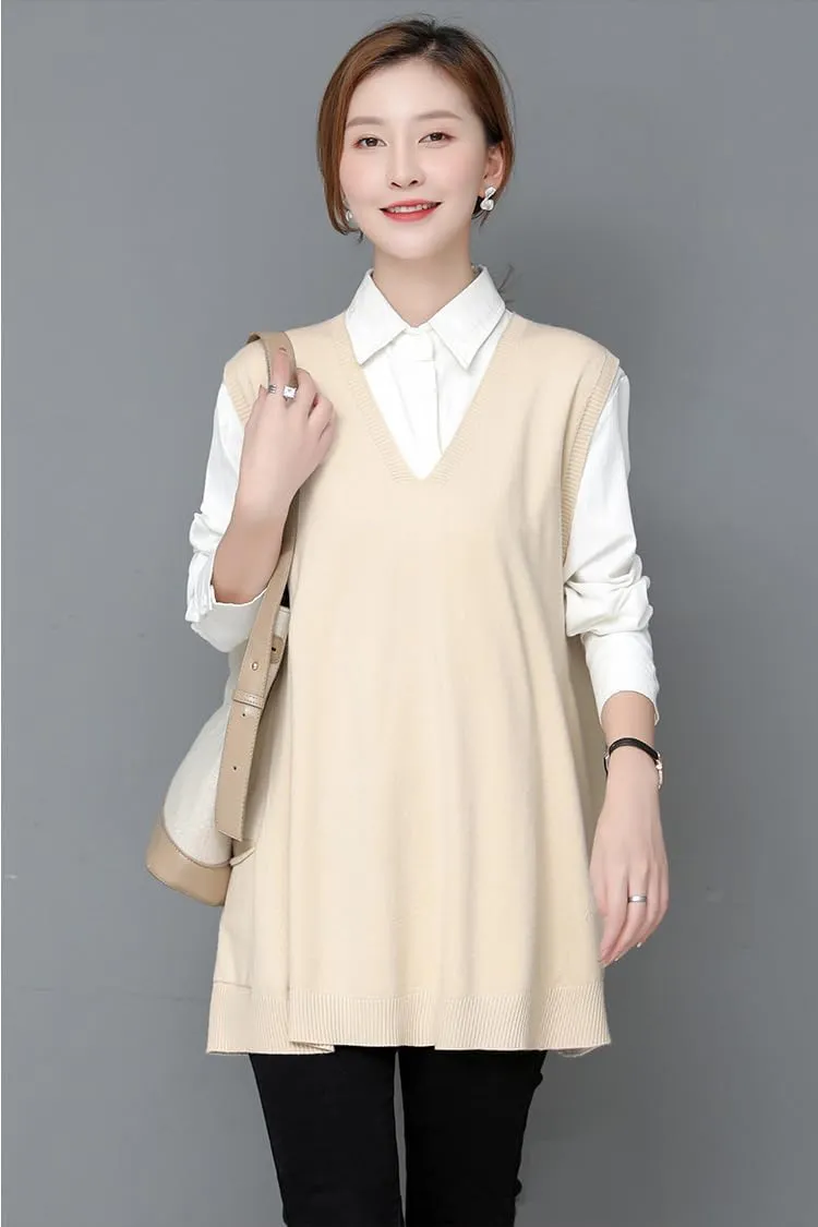 Women's Oversized Sweater Vest Fall V Neck Sleeveless Pullover Sweater Loose Knitted Tunic Tops with Pockets