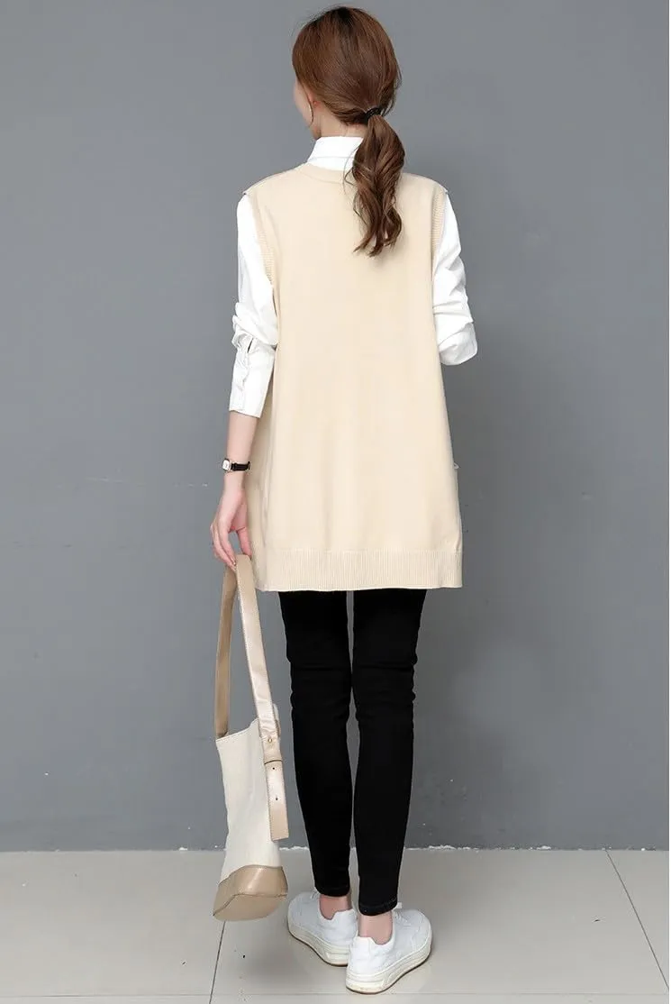Women's Oversized Sweater Vest Fall V Neck Sleeveless Pullover Sweater Loose Knitted Tunic Tops with Pockets