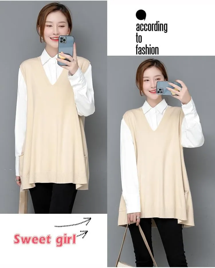 Women's Oversized Sweater Vest Fall V Neck Sleeveless Pullover Sweater Loose Knitted Tunic Tops with Pockets
