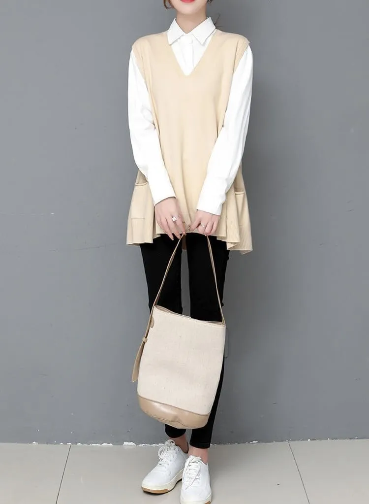Women's Oversized Sweater Vest Fall V Neck Sleeveless Pullover Sweater Loose Knitted Tunic Tops with Pockets
