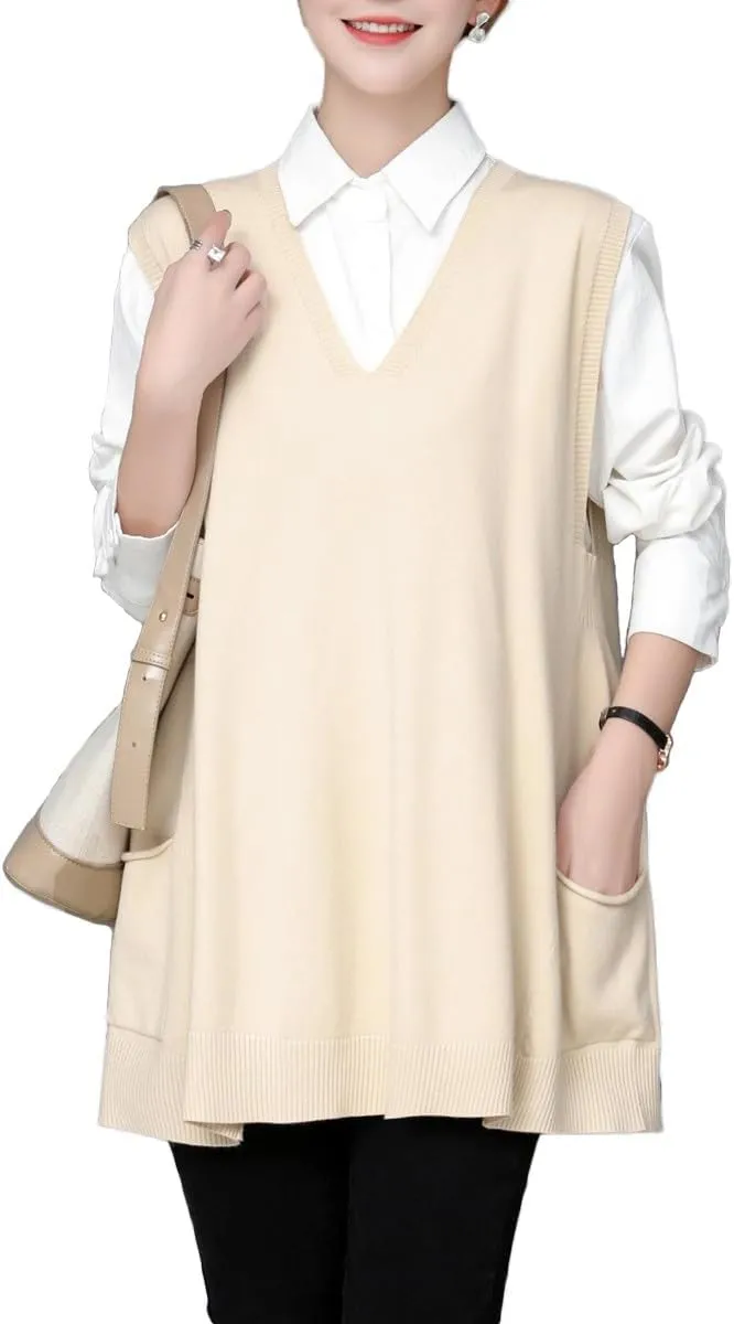 Women's Oversized Sweater Vest Fall V Neck Sleeveless Pullover Sweater Loose Knitted Tunic Tops with Pockets
