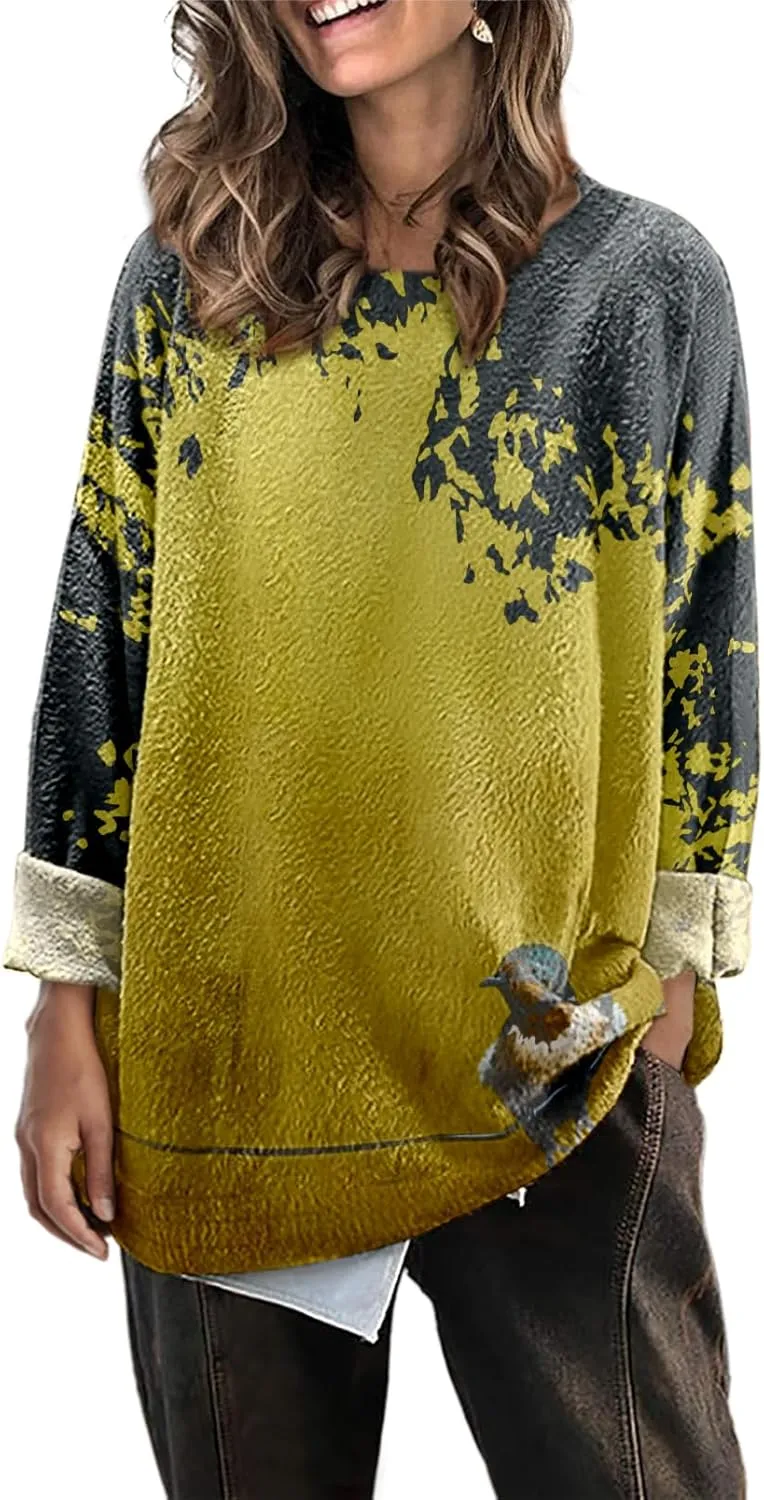 Womens Oversized Sweaters Fall 2024 Crewneck Knit Graphic Printed Pullover Sweater Tops Trendy Outfits