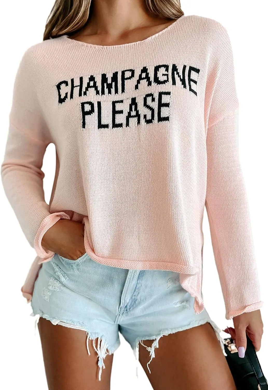Women's Pink Champagne Please Graphic Sweater Casual Slogan Loose Crew Neck Long Sleeve Knitted Sweatshirt Pullover Tops