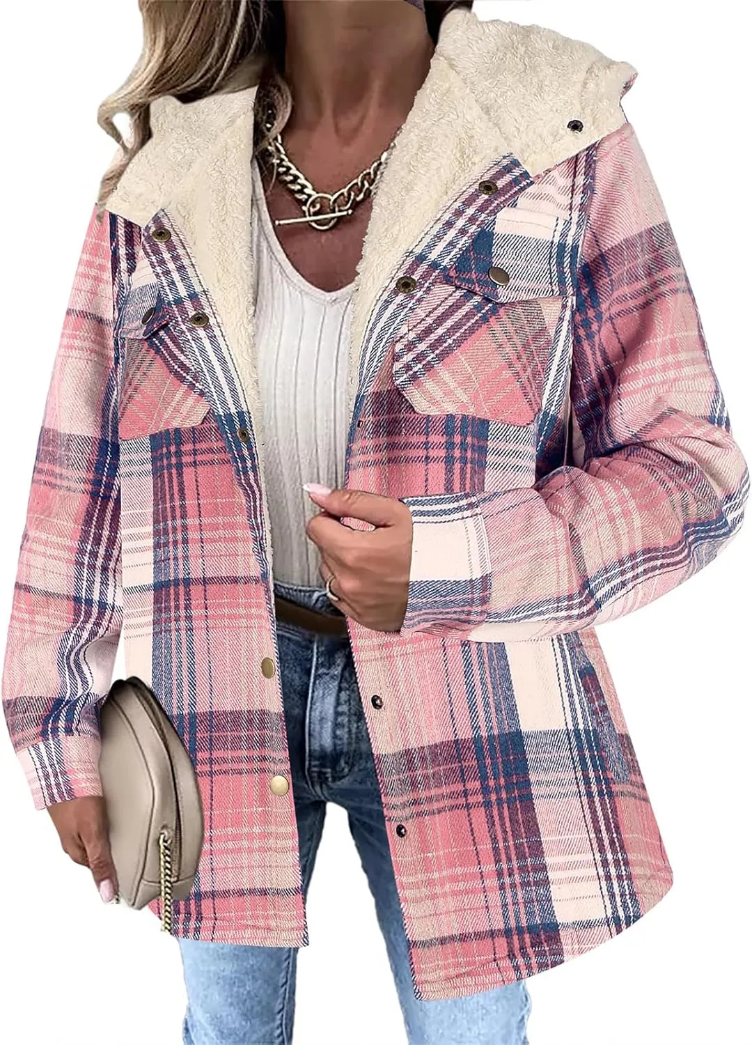 Womens Plaid Shacket Jacket Long Sleeve Button Down Fleece Hooded Jacket Warm Coat Casual Sherpa Fleece Lined Jacket